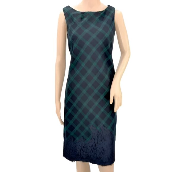 Talbots Hunter Green Navy Blue Glen Plaid & Lace Gabardine Wool Sheath Dress 8 M - Picture 1 of 6